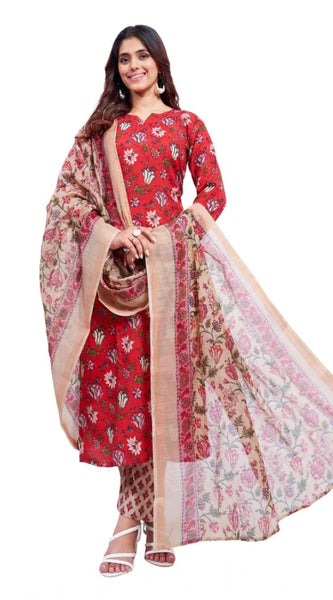 Mayawye Women's Cotton Blend Printed Kurti With Pant Dupatta Set (Red)