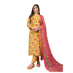 Mayawye Women's Cotton Blend Printed Kurti With Pant Dupatta Set (Yellow)