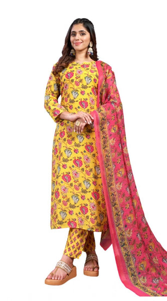 Mayawye Women's Cotton Blend Printed Kurti With Pant Dupatta Set (Yellow)