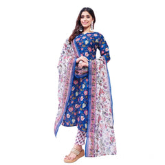 Mayawye Women's Cotton Blend Printed Kurti With Pant Dupatta Set (Blue)