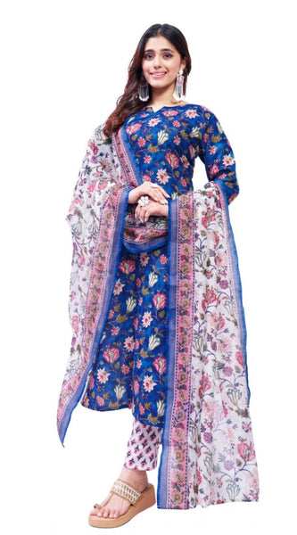 Mayawye Women's Cotton Blend Printed Kurti With Pant Dupatta Set (Blue)