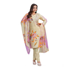 Mayawye Women's Cotton Blend Printed Kurti With Pant Dupatta Set (Cream)
