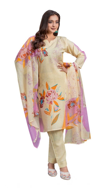 Mayawye Women's Cotton Blend Printed Kurti With Pant Dupatta Set (Cream)