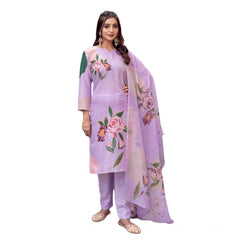 Mayawye Women's Cotton Blend Printed Kurti With Pant Dupatta Set (Lavender)