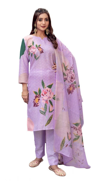 Mayawye Women's Cotton Blend Printed Kurti With Pant Dupatta Set (Lavender)