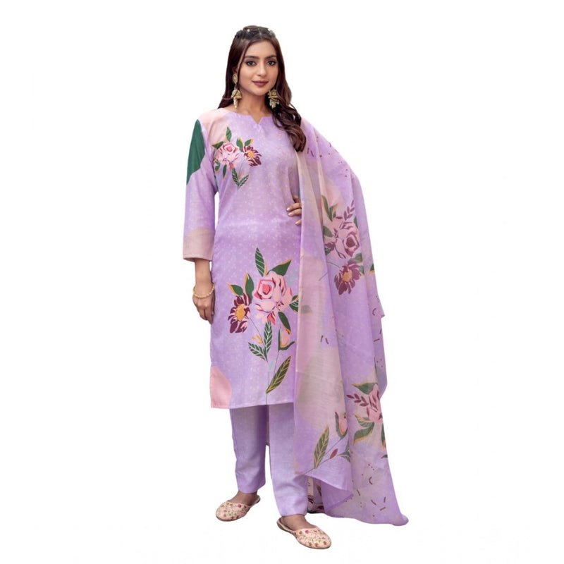 Mayawye Women's Cotton Blend Printed Kurti With Pant Dupatta Set (Lavender)