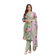 Mayawye Women's Cotton Blend Printed Kurti With Pant Dupatta Set (Mehendi)