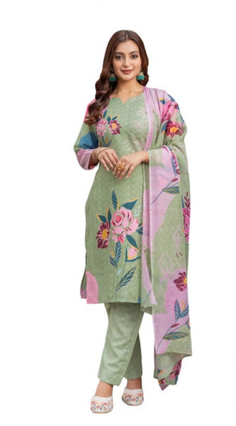 Mayawye Women's Cotton Blend Printed Kurti With Pant Dupatta Set (Mehendi)