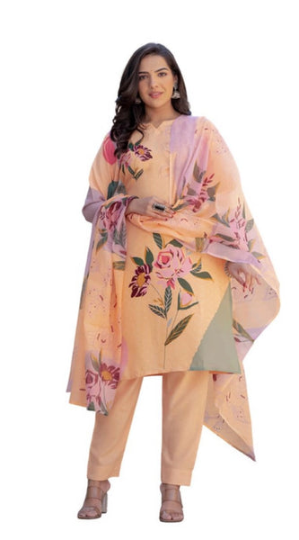 Mayawye Women's Cotton Blend Printed Kurti With Pant Dupatta Set (Orange)