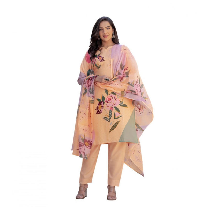 Mayawye Women's Cotton Blend Printed Kurti With Pant Dupatta Set (Orange)