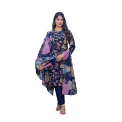 Mayawye Women's Cotton Blend Printed Kurti With Pant Dupatta Set (NavyBlue)