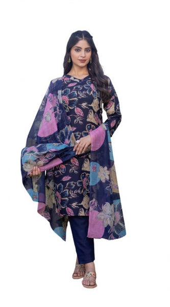 Mayawye Women's Cotton Blend Printed Kurti With Pant Dupatta Set (NavyBlue)