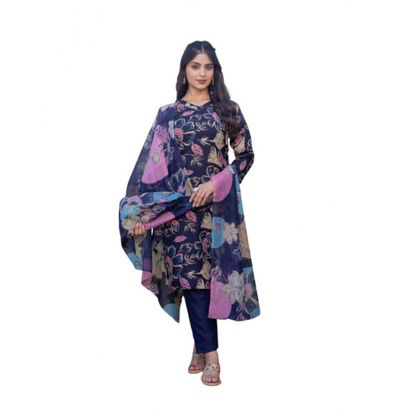Mayawye Women's Cotton Blend Printed Kurti With Pant Dupatta Set (NavyBlue)