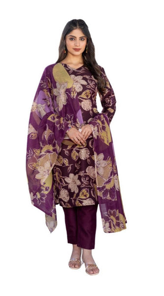 Mayawye Women's Cotton Blend Printed Kurti With Pant Dupatta Set (Purple)