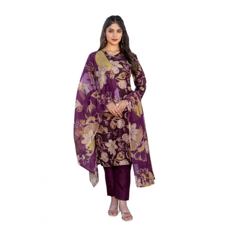 Mayawye Women's Cotton Blend Printed Kurti With Pant Dupatta Set (Purple)