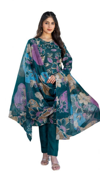 Mayawye Women's Cotton Blend Printed Kurti With Pant Dupatta Set (Rama)