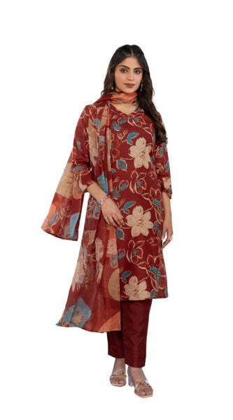 Mayawye Women's Cotton Blend Printed Kurti With Pant Dupatta Set (Rust)