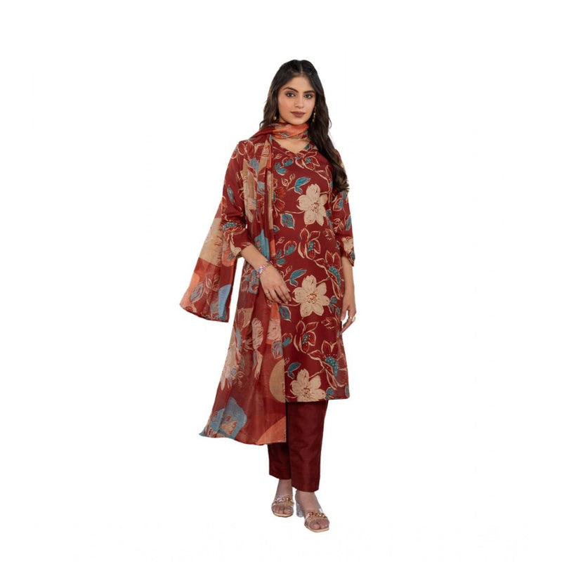 Mayawye Women's Cotton Blend Printed Kurti With Pant Dupatta Set (Rust)
