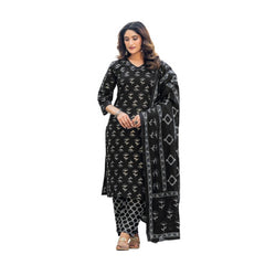 Mayawye Women's Cotton Blend Printed Kurti With Pant Dupatta Set (Black)