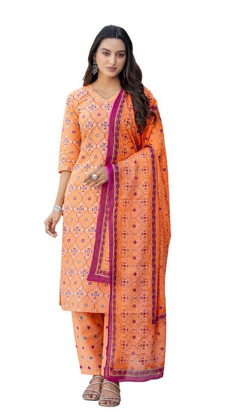 Mayawye Women's Cotton Blend Printed Kurti With Pant Dupatta Set (Coral)