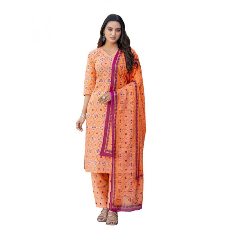 Mayawye Women's Cotton Blend Printed Kurti With Pant Dupatta Set (Coral)
