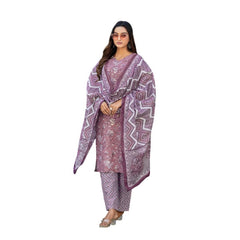 Mayawye Women's Cotton Blend Printed Kurti With Pant Dupatta Set (Lavender)