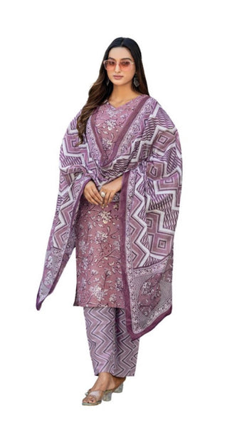 Mayawye Women's Cotton Blend Printed Kurti With Pant Dupatta Set (Lavender)