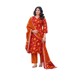 Mayawye Women's Cotton Blend Printed Kurti With Pant Dupatta Set (Maroon)