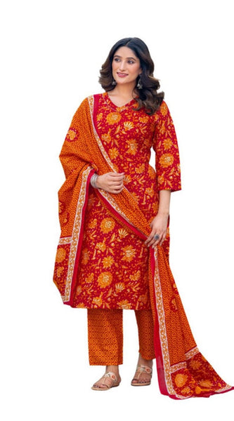Mayawye Women's Cotton Blend Printed Kurti With Pant Dupatta Set (Maroon)