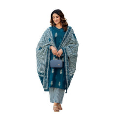 Mayawye Women's Cotton Blend Printed Kurti With Pant Dupatta Set (Morpichh)