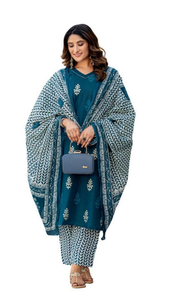 Mayawye Women's Cotton Blend Printed Kurti With Pant Dupatta Set (Morpichh)