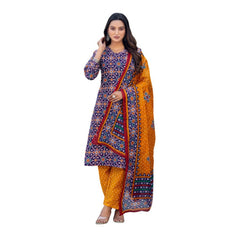 Mayawye Women's Cotton Blend Printed Kurti With Pant Dupatta Set (Navy Blue)