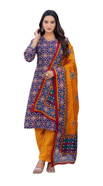 Mayawye Women's Cotton Blend Printed Kurti With Pant Dupatta Set (Navy Blue)
