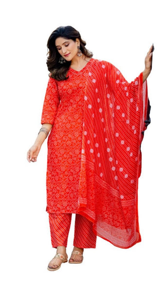 Mayawye Women's Cotton Blend Printed Kurti With Pant Dupatta Set (Orange)