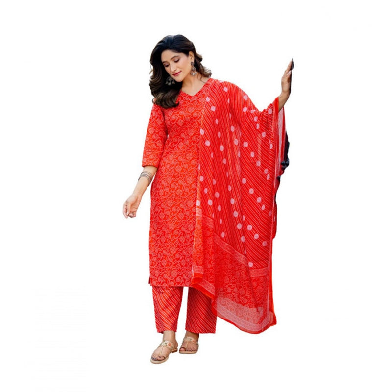 Mayawye Women's Cotton Blend Printed Kurti With Pant Dupatta Set (Orange)