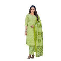 Mayawye Women's Cotton Blend Printed Kurti With Pant Dupatta Set (Parrot)