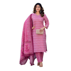 Mayawye Women's Cotton Blend Printed Kurti With Pant Dupatta Set (Pink)