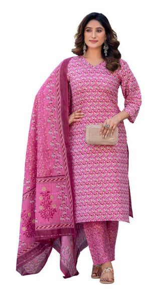 Mayawye Women's Cotton Blend Printed Kurti With Pant Dupatta Set (Pink)