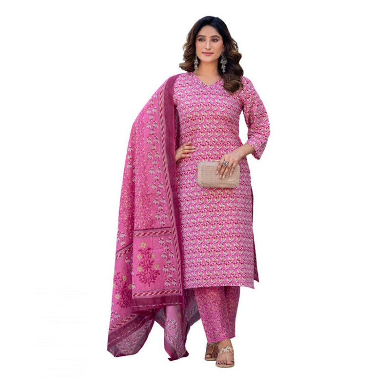 Mayawye Women's Cotton Blend Printed Kurti With Pant Dupatta Set (Pink)