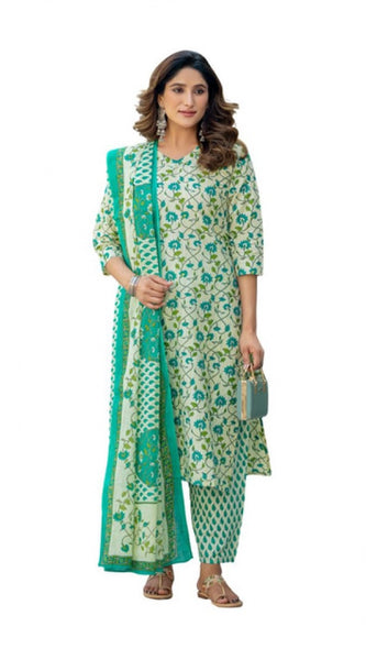 Mayawye Women's Cotton Blend Printed Kurti With Pant Dupatta Set (Pista)