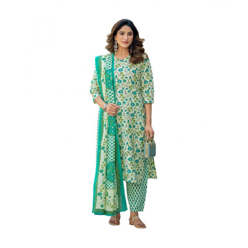 Mayawye Women's Cotton Blend Printed Kurti With Pant Dupatta Set (Pista)