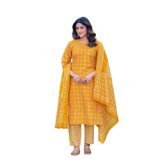 Mayawye Women's Cotton Blend Printed Kurti With Pant Dupatta Set (Yellow)