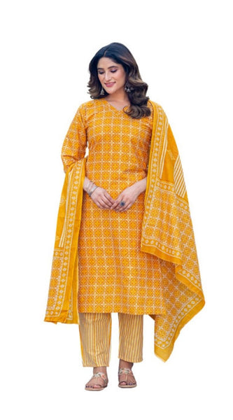Mayawye Women's Cotton Blend Printed Kurti With Pant Dupatta Set (Yellow)