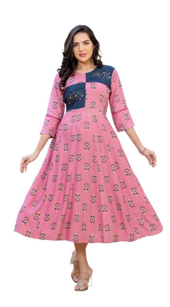 Mayawye Women's Rayon  Print With Embroidery Work A-Line Kurti (Wine)