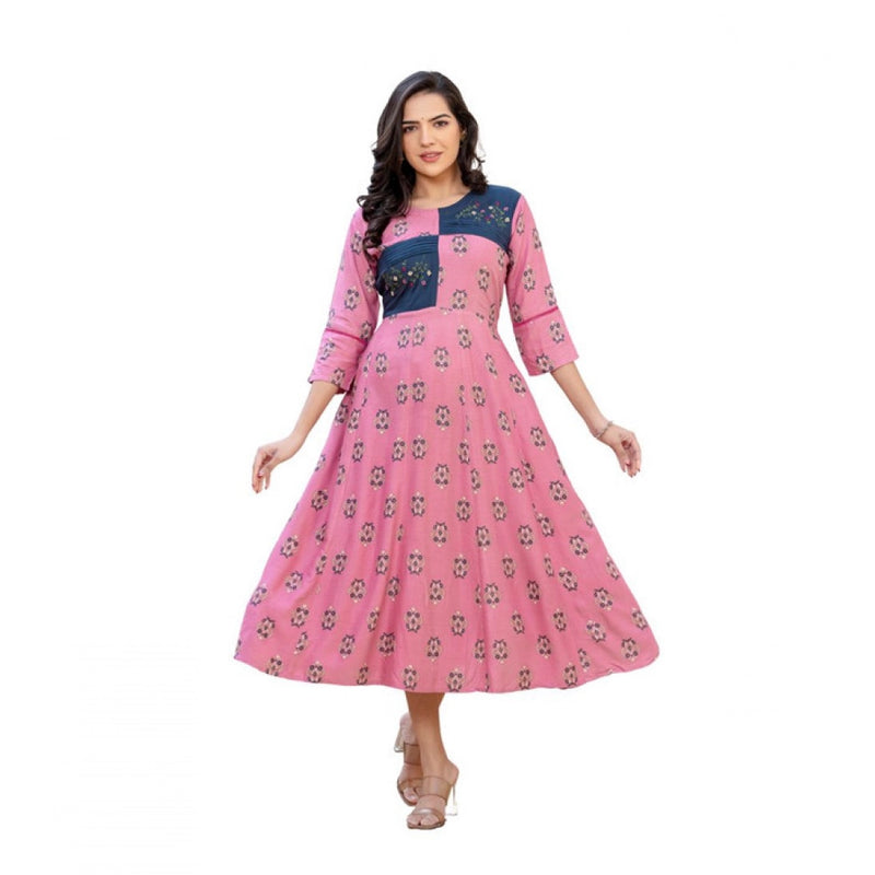 Mayawye Women's Rayon  Print With Embroidery Work A-Line Kurti (Wine)