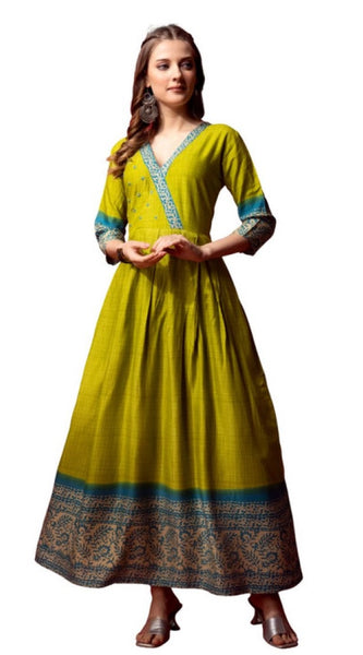 Mayawye Women's Cotton Blend Printed Anarkali Gown (Green)