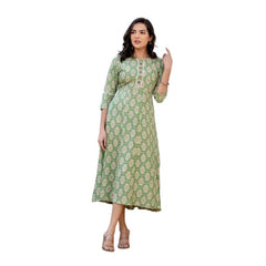 Mayawye Women's Rayon  Print With Embroidery Work A-Line Kurti (Green)