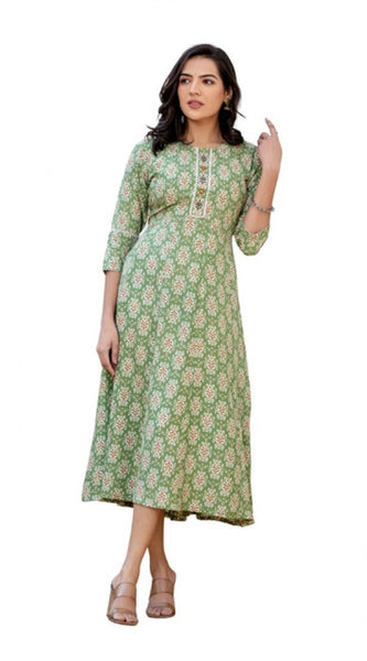 Mayawye Women's Rayon  Print With Embroidery Work A-Line Kurti (Green)