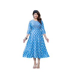 Mayawye Women's Rayon Print With Embroidery Work A-Line Kurti (Sky Blue)