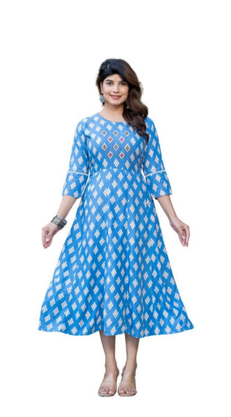Mayawye Women's Rayon Print With Embroidery Work A-Line Kurti (Sky Blue)